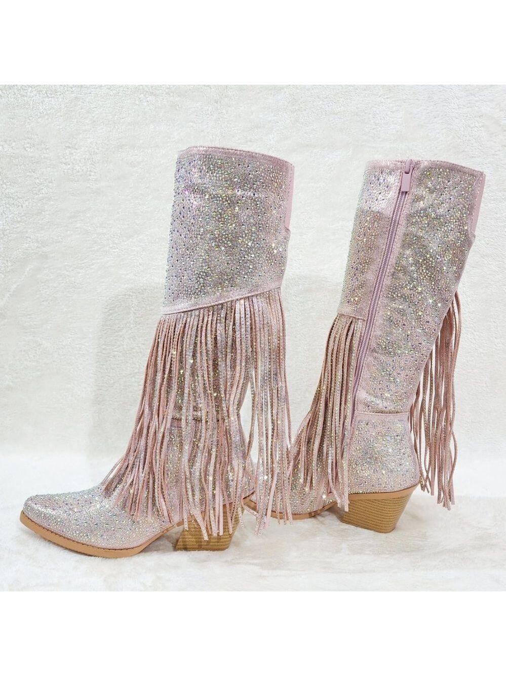 Size 9 Western Diva Baby Pink Asymmetrical Fringe Rhinestone Glam Cowgirl Boots